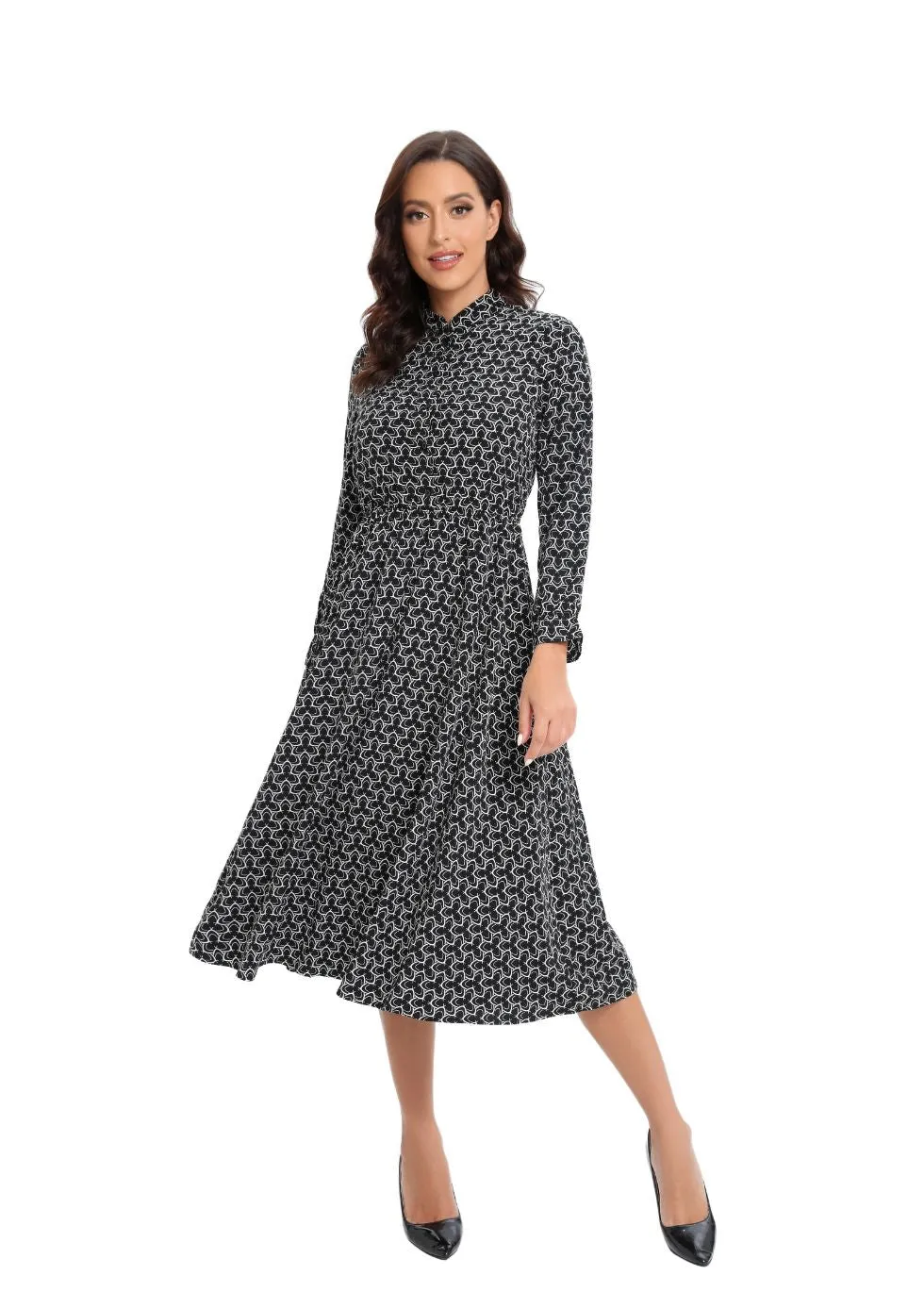 Long Sleeve Modern Print Modest Midi Dress