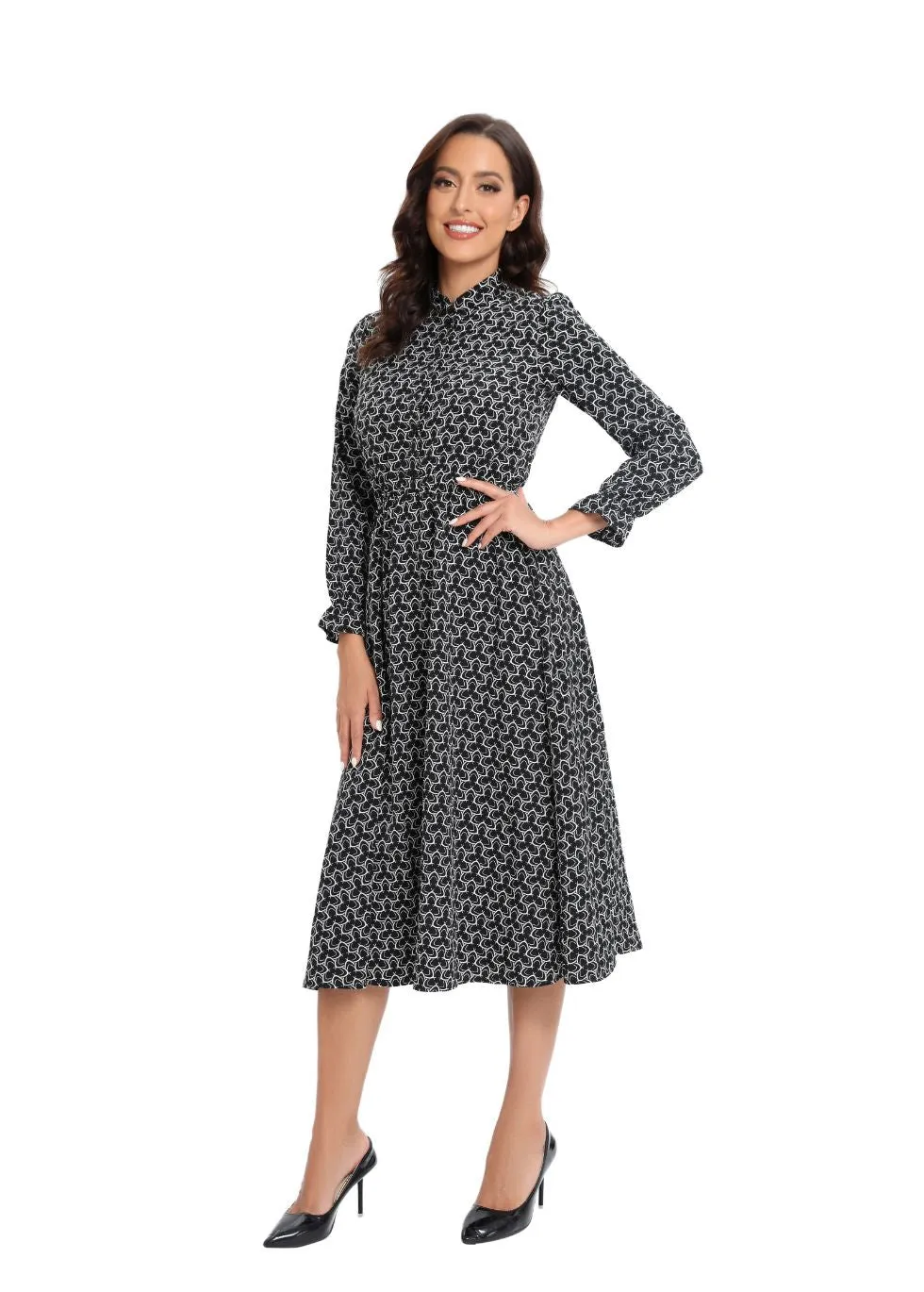 Long Sleeve Modern Print Modest Midi Dress