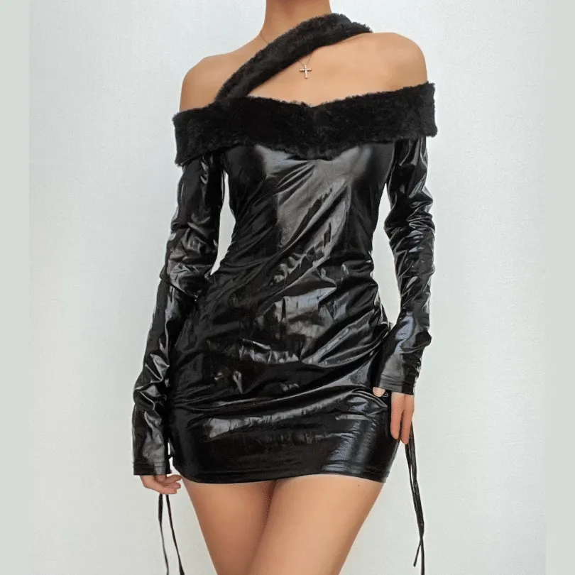 Long sleeve off shoulder PU leather furry solid mini dress