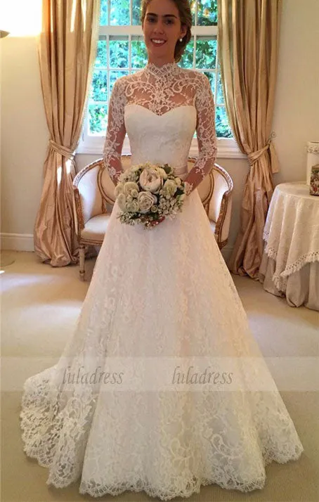 Long Sleeves Bridal Gowns, Sweep Train Bridal Dresses, Lace Wedding Dresses with Sash