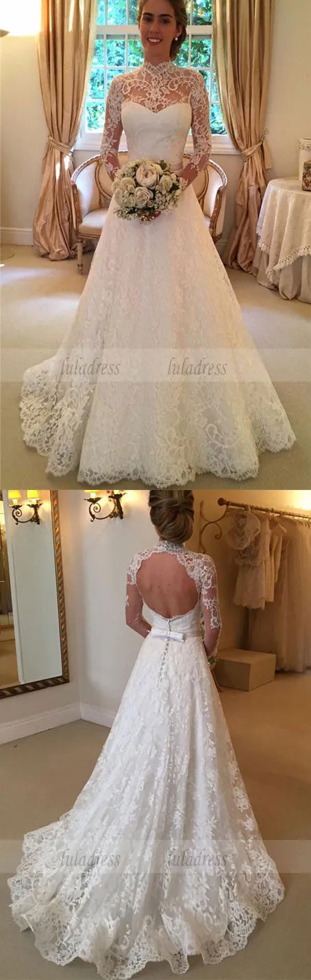 Long Sleeves Bridal Gowns, Sweep Train Bridal Dresses, Lace Wedding Dresses with Sash