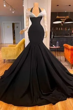 Long Sleeves Chic Black Halter Mermaid Evening Dresses