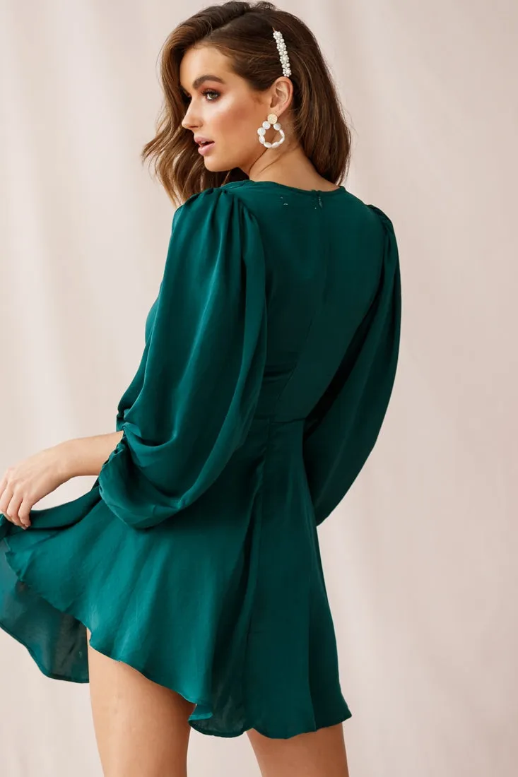 Madison Bow Tie Bust Balloon Sleeve Dress Forest Green