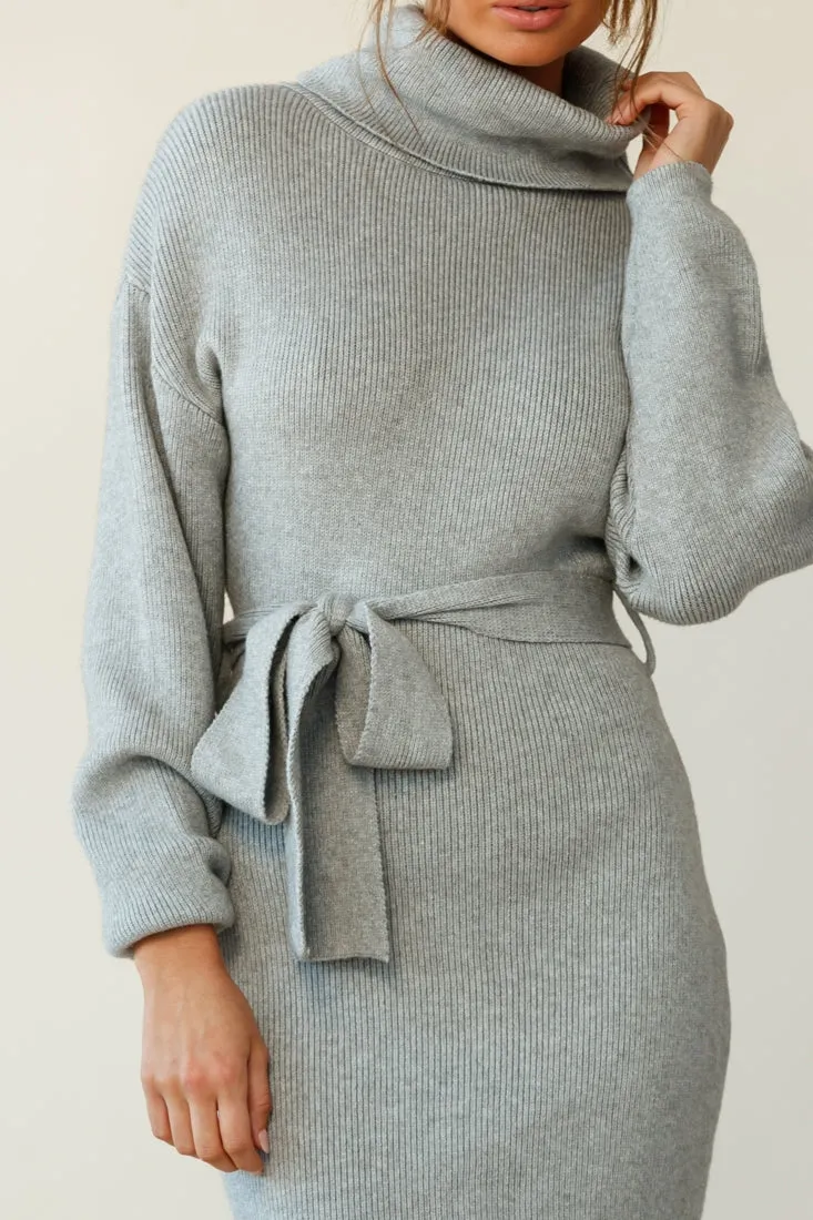 Marco Long Sleeve Turtleneck Knit Midi Dress Grey