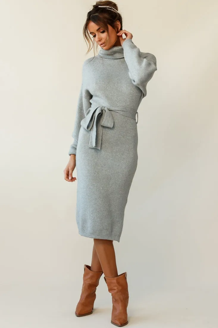 Marco Long Sleeve Turtleneck Knit Midi Dress Grey