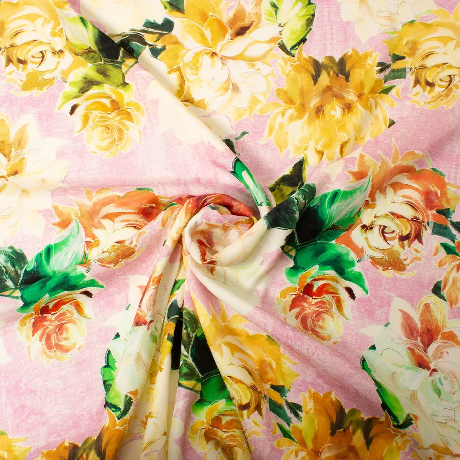 Marigold Yellow & Dark Green Floral Printed Silk Satin