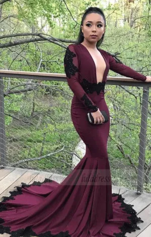 Mermaid Prom Dresses,Black Appliqued Long Sleeves Evening Dresses