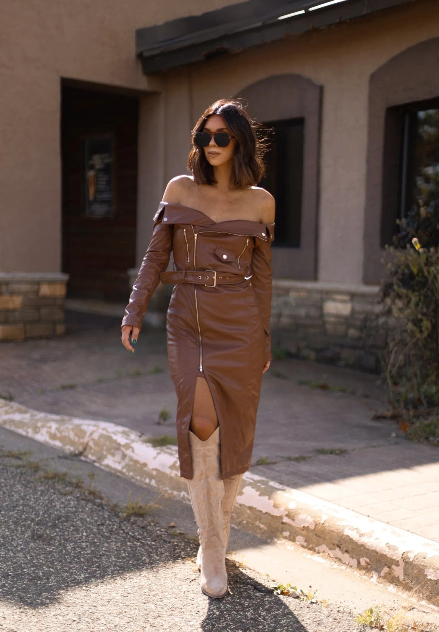 Mocha Leather Midi Dress