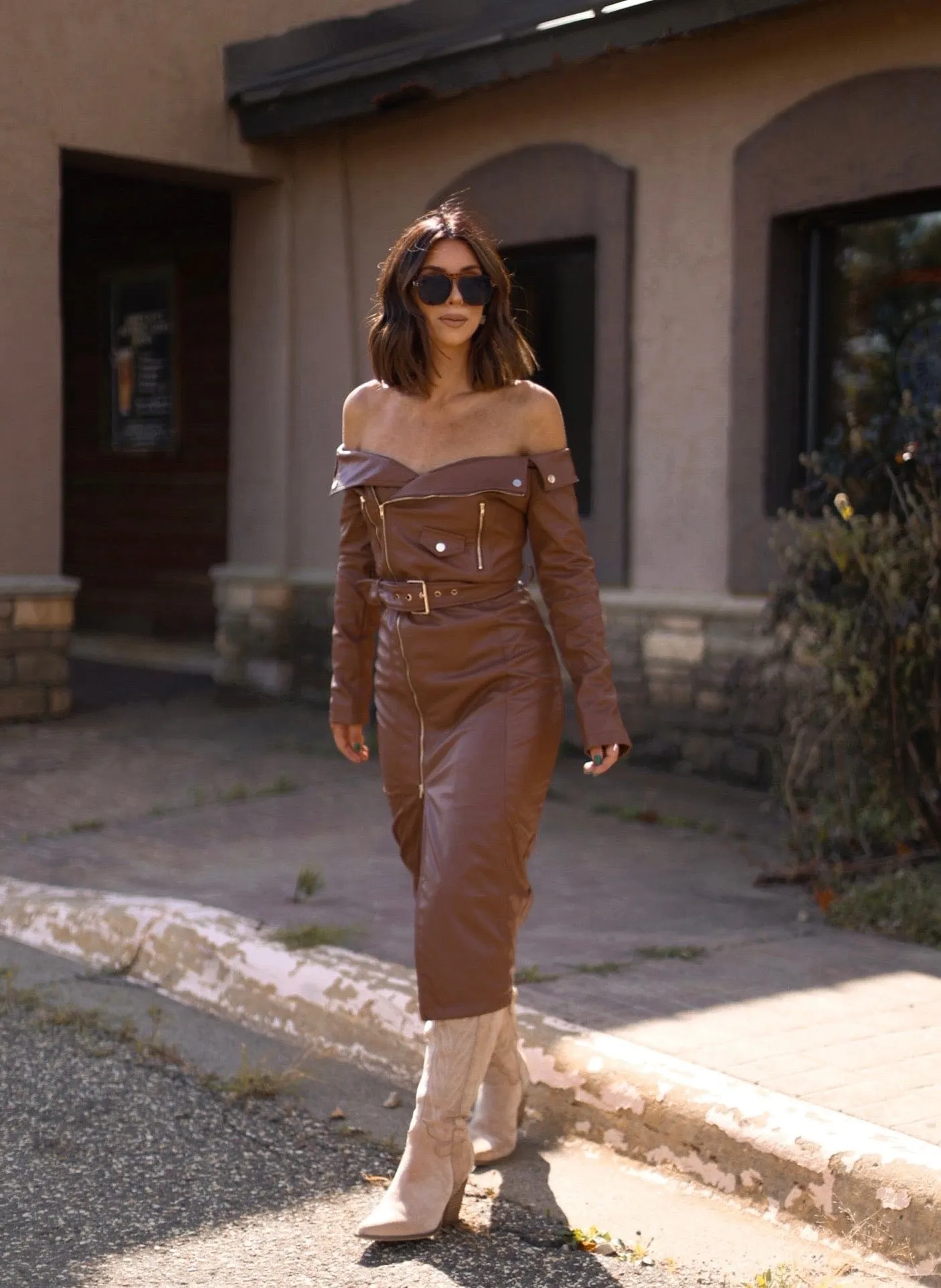 Mocha Leather Midi Dress