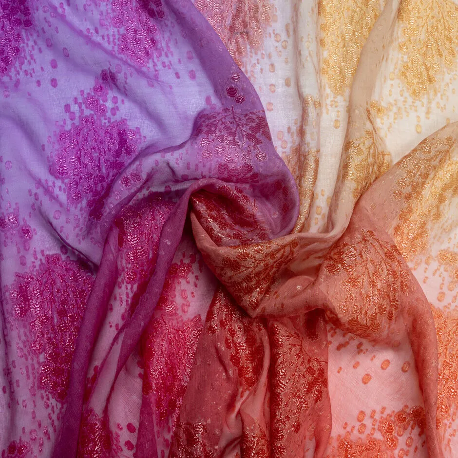 Multi-Coloured Ombré Floral Metallic Silk Chiffon