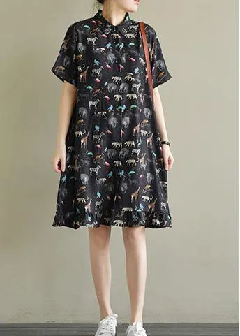 Natural black print chiffon dresses Fitted Shirts lapel short sleeve Kaftan Summer Dresses