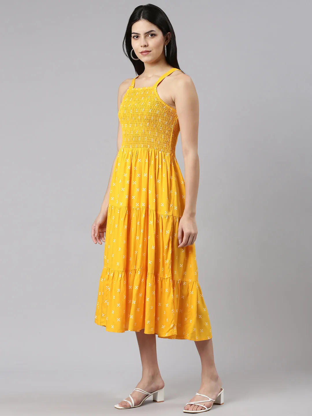 Neeru's Mustard Straight Casual Floral Dresses