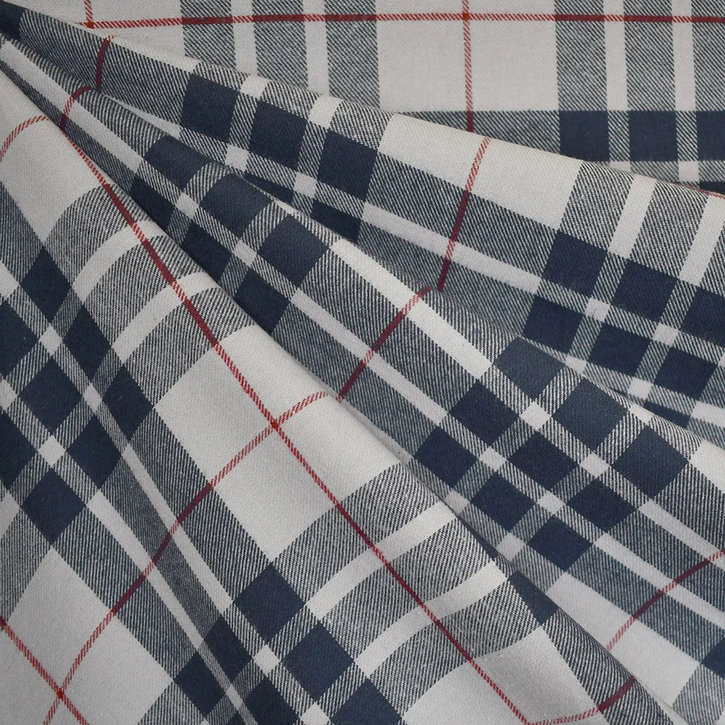 Nine Square Plaid Cotton Flannel Shirting Dove Grey/Navy