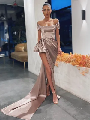 Off Shoulder Chic Long Mermaid Prom Dresses, Dark Champagne Prom Dresses, High Slit Prom Dresses