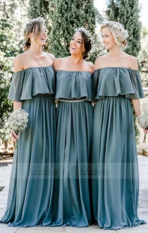 Off the Shoulder Bridesmaid Dresses, Ruffled Bridesmaid Dresses, Dusty Blue Bridesmaid Dresses rustic