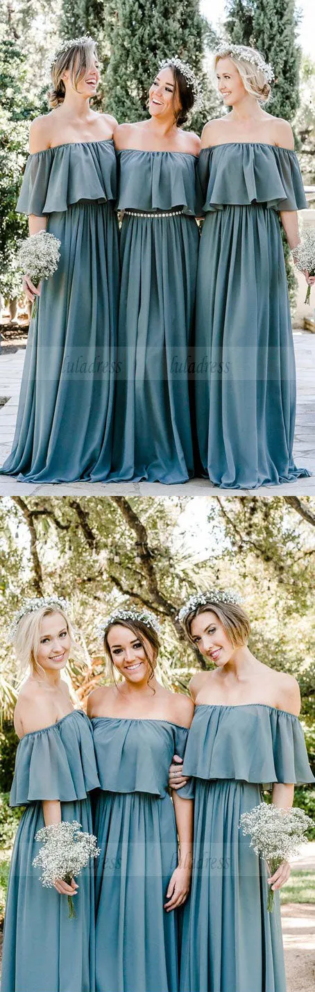 Off the Shoulder Bridesmaid Dresses, Ruffled Bridesmaid Dresses, Dusty Blue Bridesmaid Dresses rustic