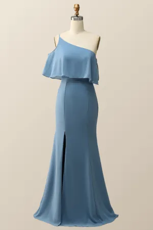 One Shoulder Cold Sleeve Misty Blue Mermaid Long Bridesmaid Dress