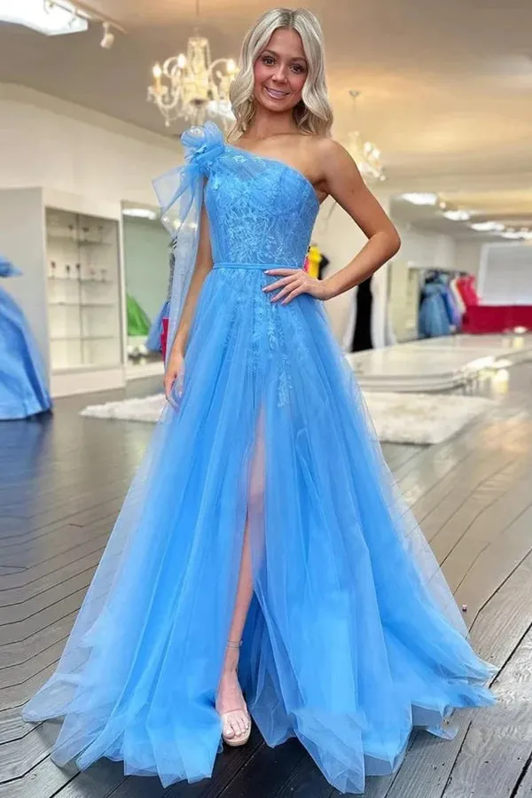 One Shoulder Long Blue Lace Prom Dresses