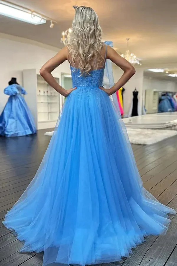 One Shoulder Long Blue Lace Prom Dresses