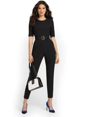 Petite Ankle Button-Detail Belted Jumpsuit