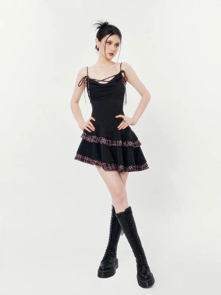 Plaid Trim Ruffle Gothic Dress