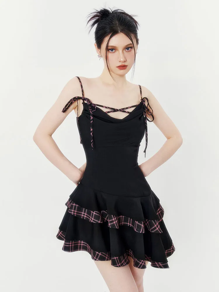 Plaid Trim Ruffle Gothic Dress