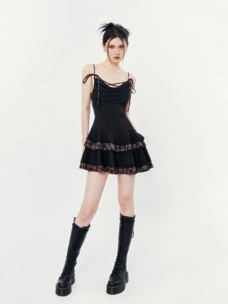 Plaid Trim Ruffle Gothic Dress