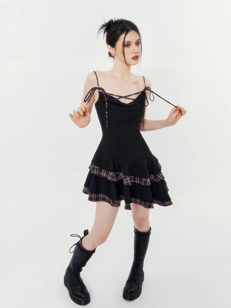 Plaid Trim Ruffle Gothic Dress