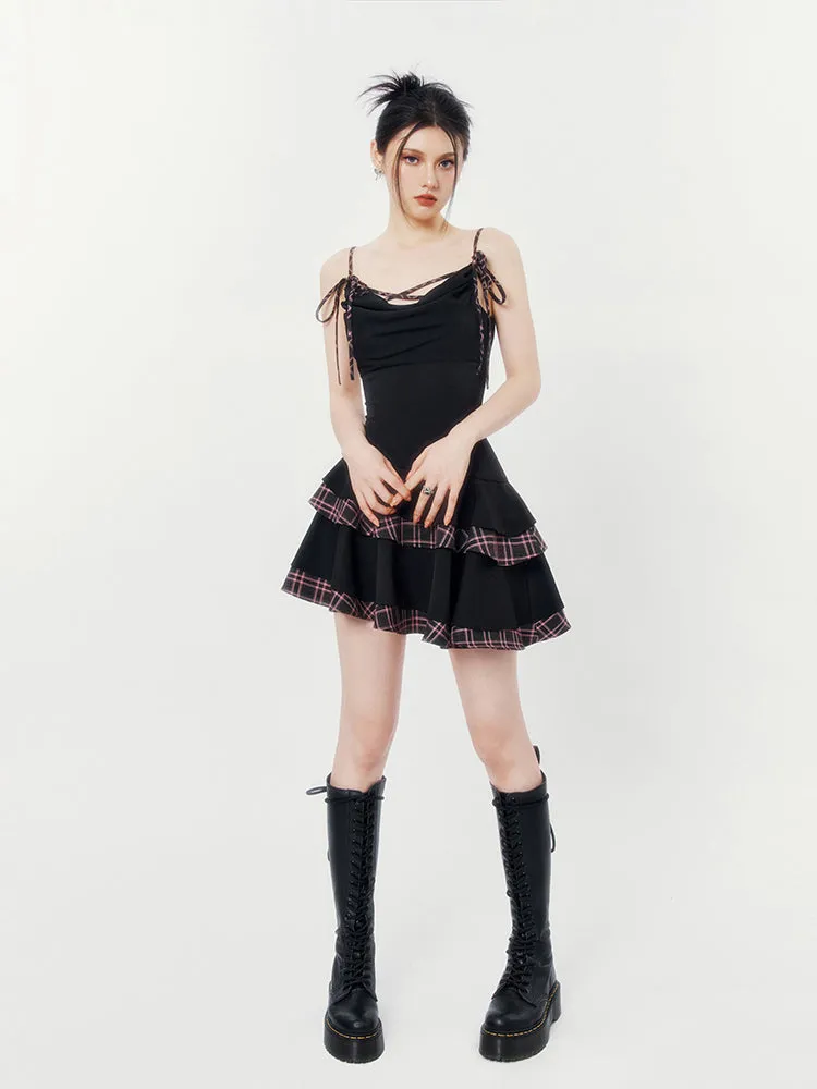 Plaid Trim Ruffle Gothic Dress