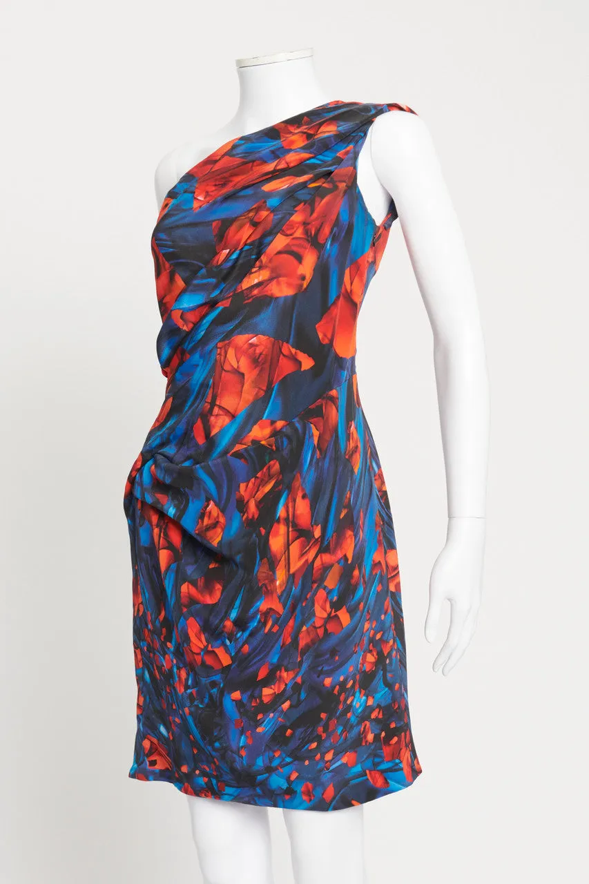 Red and Blue Graphic Print One Shoulder Preowned Dress