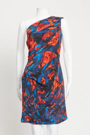 Red and Blue Graphic Print One Shoulder Preowned Dress