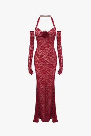 Red Lace Mermaid Maxi Dress