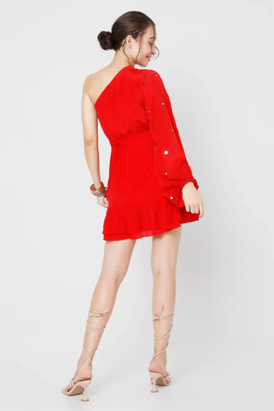 Red One Shoulder Dress With Mirror Work