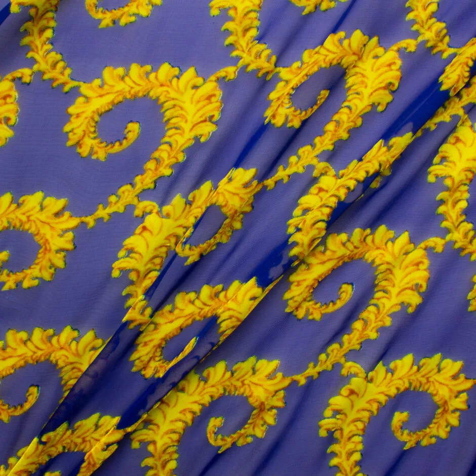 Royal Blue & Yellow Filigree Devoré Velvet