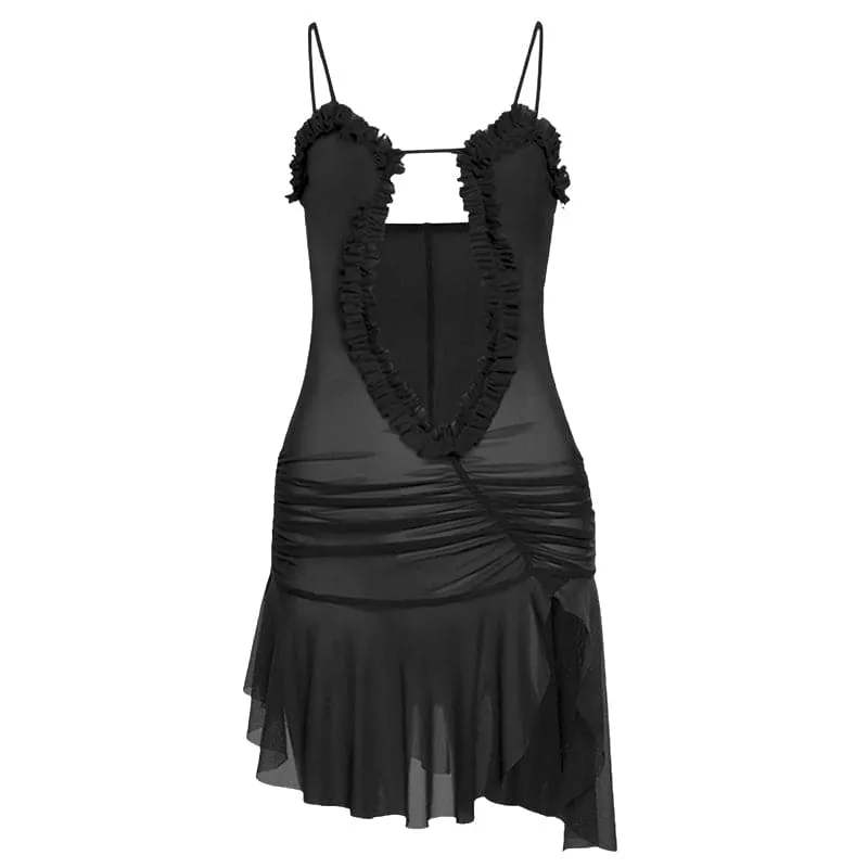 Ruched ruffle slit sheer mesh hollow out cami cut out mini dress