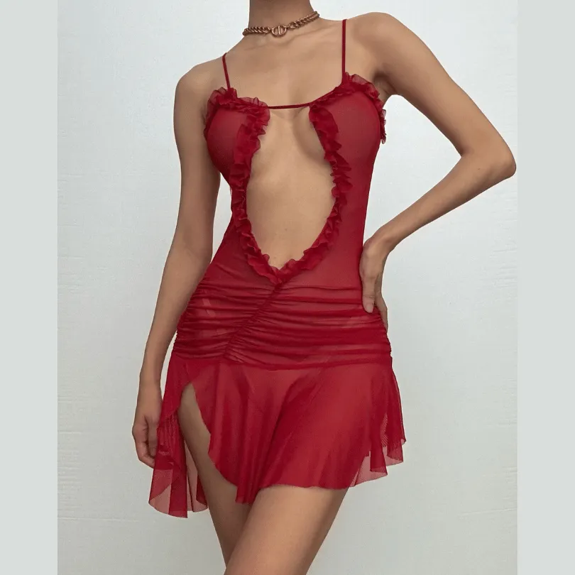 Ruched ruffle slit sheer mesh hollow out cami cut out mini dress