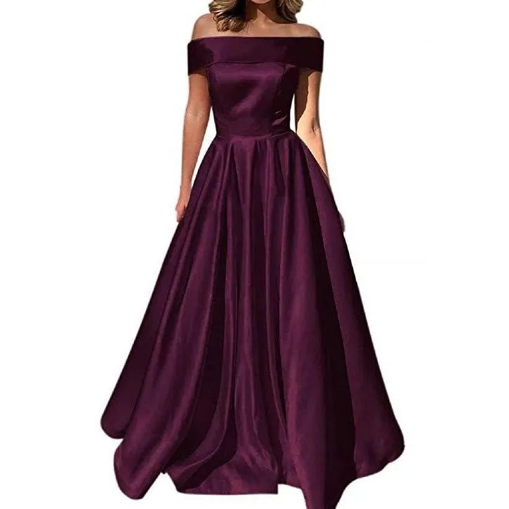 Satin Wedding Dress Bridesmaid Prom Dress Off Shoulder Evening Party Dress