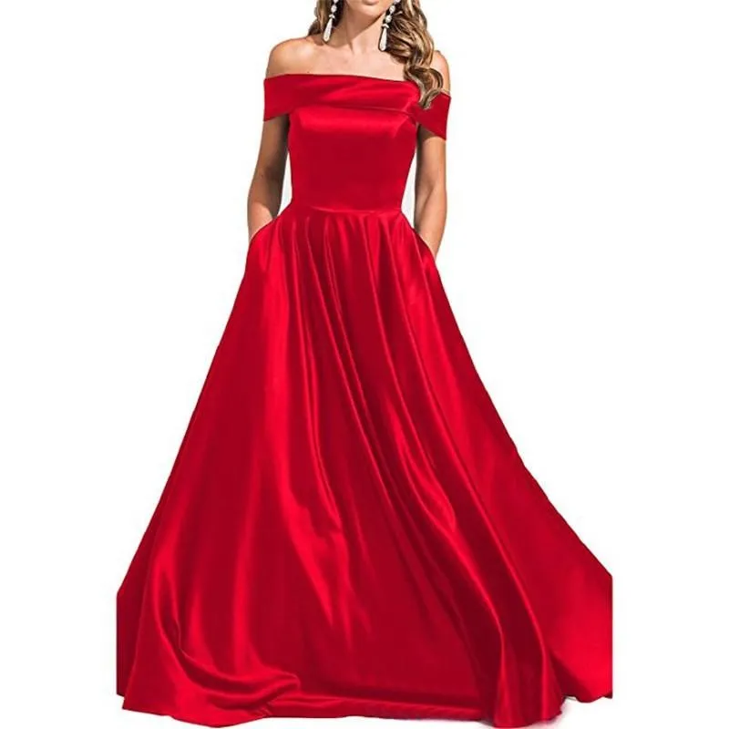 Satin Wedding Dress Bridesmaid Prom Dress Off Shoulder Evening Party Dress