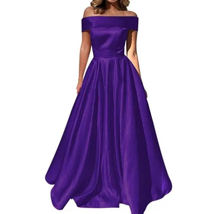 Satin Wedding Dress Bridesmaid Prom Dress Off Shoulder Evening Party Dress