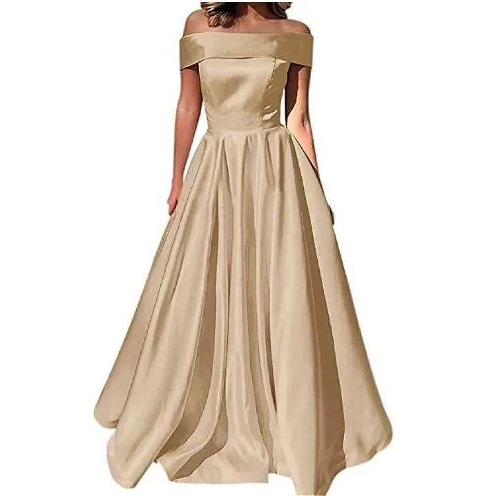 Satin Wedding Dress Bridesmaid Prom Dress Off Shoulder Evening Party Dress