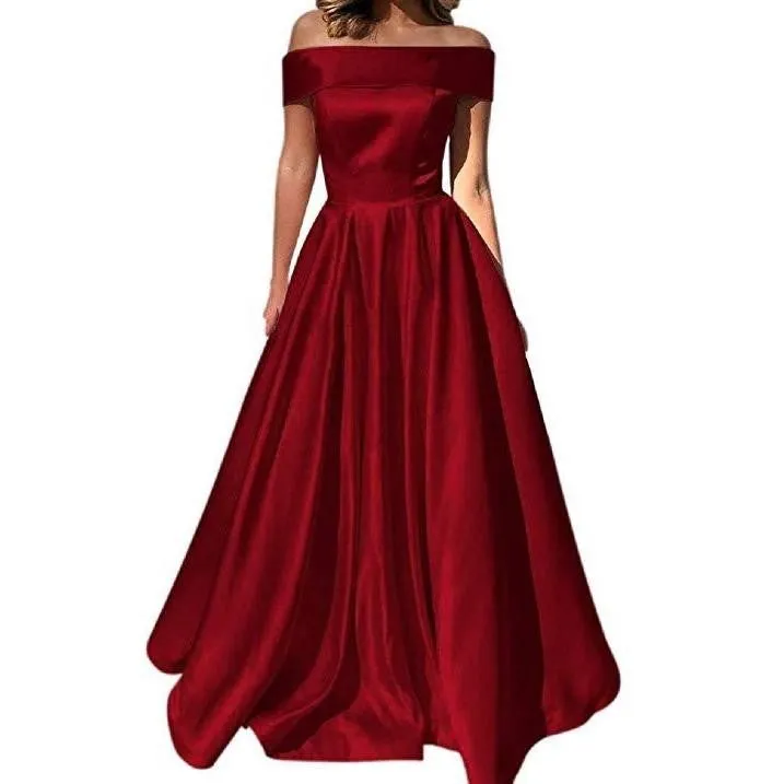 Satin Wedding Dress Bridesmaid Prom Dress Off Shoulder Evening Party Dress