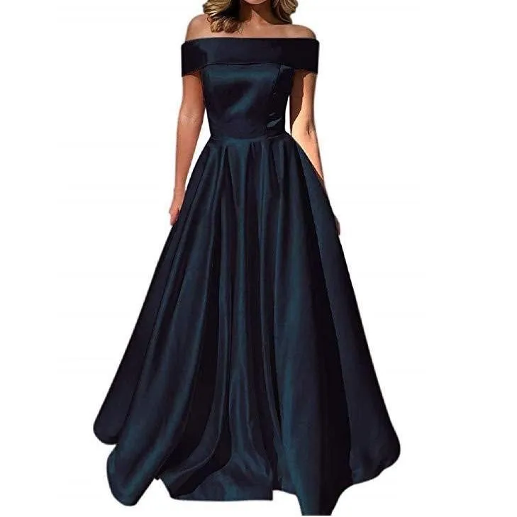 Satin Wedding Dress Bridesmaid Prom Dress Off Shoulder Evening Party Dress