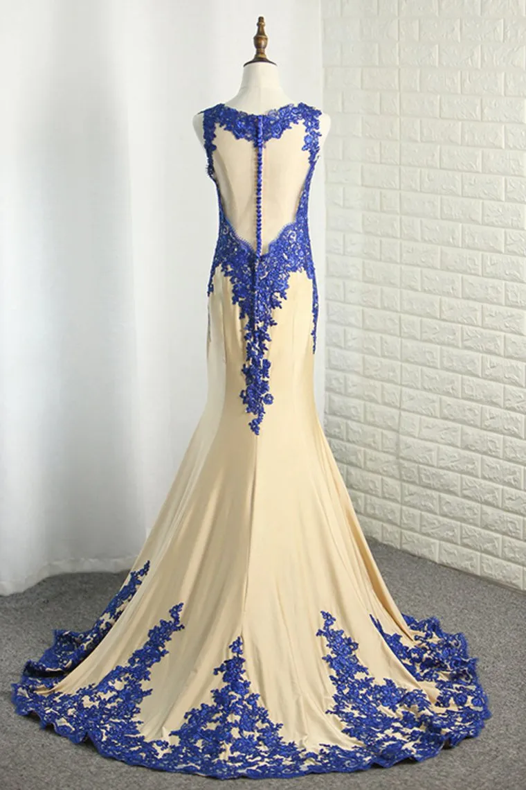 Scoop Spandex Prom Dresses Mermaid With Applique Sweep Train