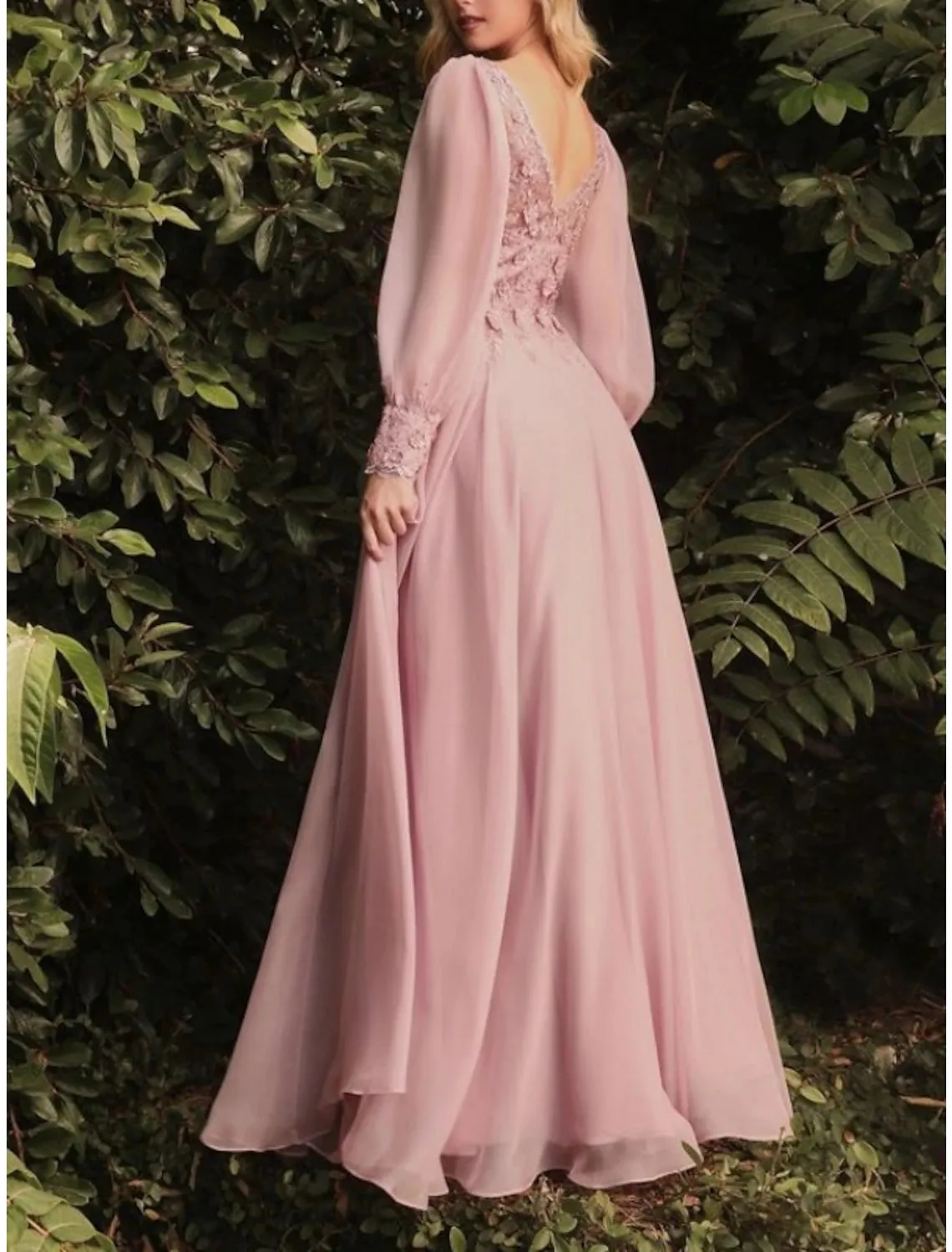 Sheath / Column Wedding Guest Dresses Elegant Dress Wedding Guest Floor Length Long Sleeve V Neck Bridesmaid Dress Chiffon with Pleats Appliques