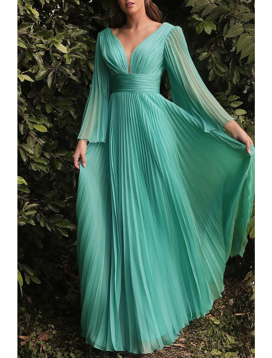 Sheath / Column Wedding Guest Dresses Elegant Dress Wedding Guest Floor Length Long Sleeve V Neck Chiffon with Pleats Ruched