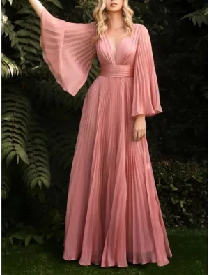 Sheath / Column Wedding Guest Dresses Elegant Dress Wedding Guest Floor Length Long Sleeve V Neck Chiffon with Pleats Ruched