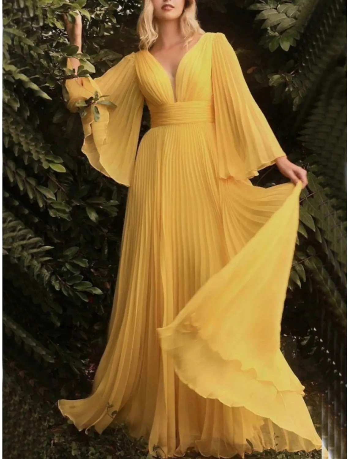 Sheath / Column Wedding Guest Dresses Elegant Dress Wedding Guest Floor Length Long Sleeve V Neck Chiffon with Pleats Ruched