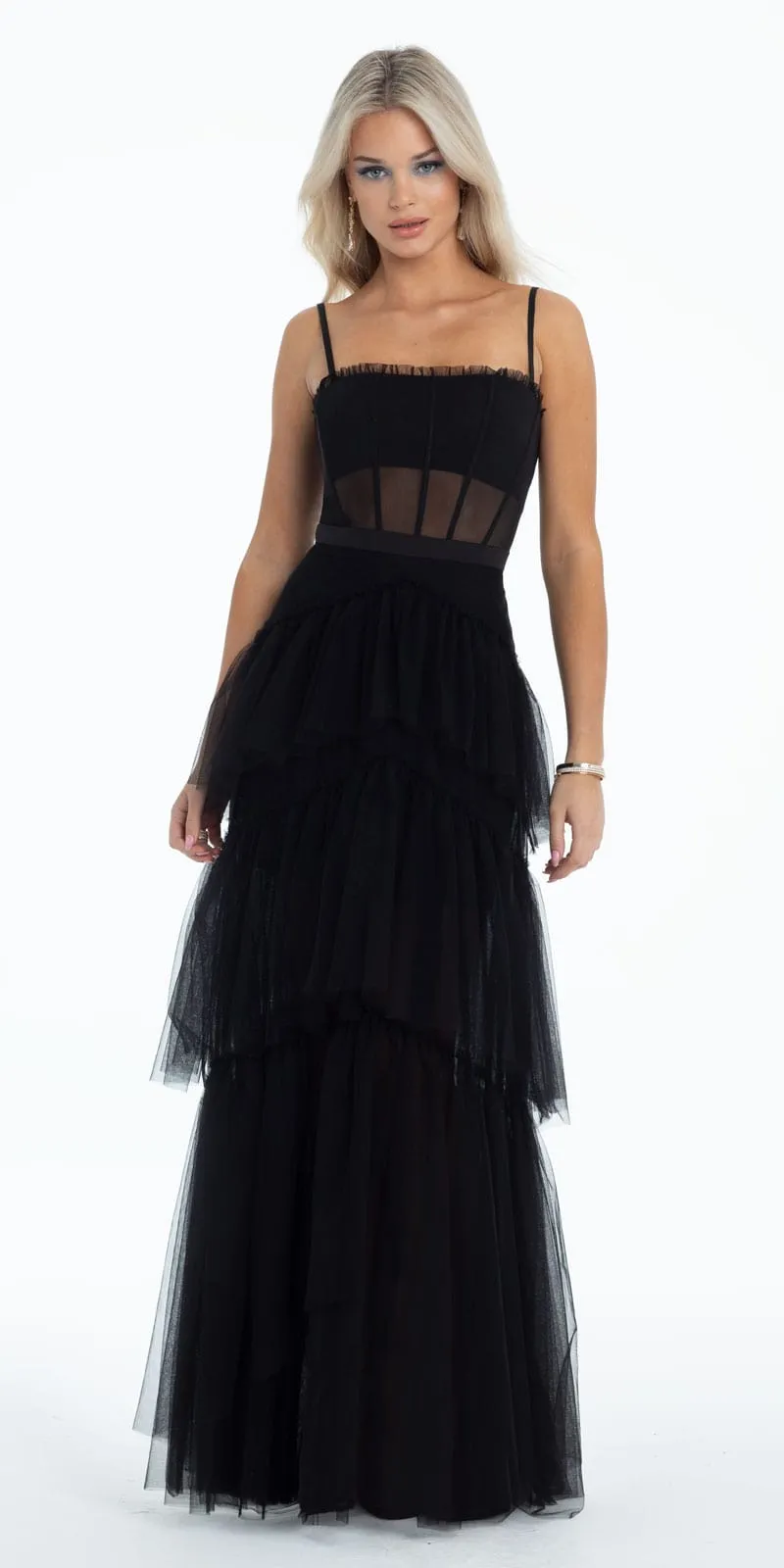 Sheer Mesh Corset Tiered A Line Dress