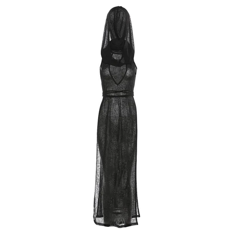 Sleeveless hoodie low cut slit self tie turtle neck see through maxi dress