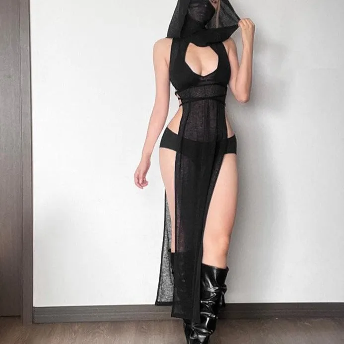 Sleeveless hoodie low cut slit self tie turtle neck see through maxi dress